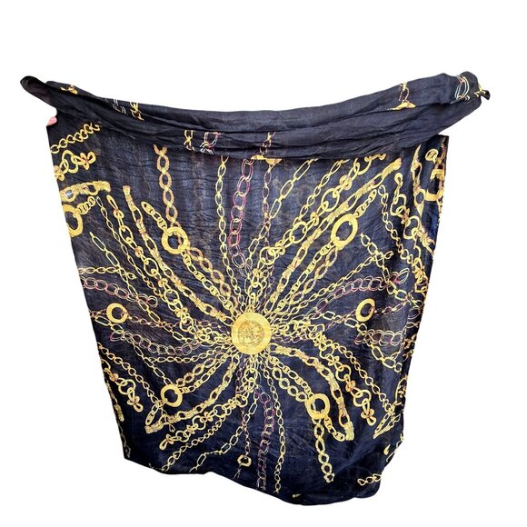 Black & Gold Chain Print Lightweight Polyester Scarf Shawl Wrap Texido JJ3943 - Picture 10 of 11